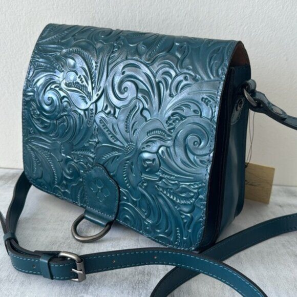 Patricia Nash Ilina Leather Tooled Flap Handbag Blue Coral Crossbody D Ring - Picture 3 of 15